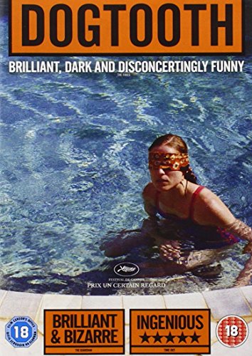 Dogtooth" DVD cover: young woman with a blindfold in a swimming pool.