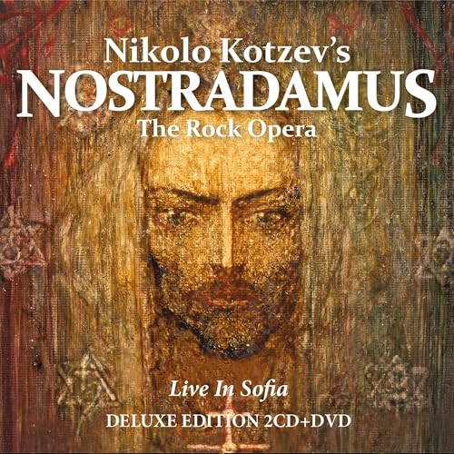 CD cover for Nikolo Kotzev’s “Nostradamus” rock opera, featuring a portrait.