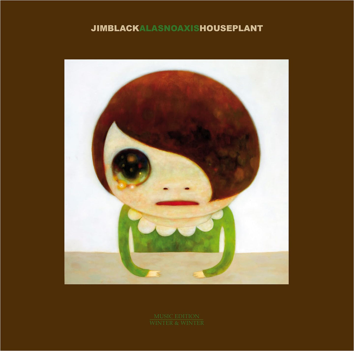 Painting of a child with large eyes and green limbs, vinyl record cover.