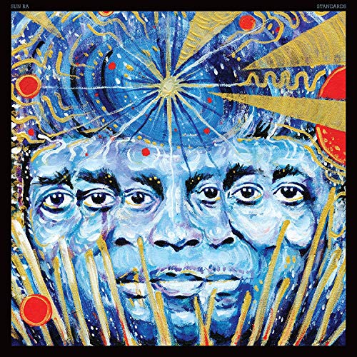 Painted album cover featuring Sun Ra’s face amidst cosmic, swirling blues and golds.