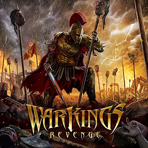 Warrior in golden armor with a sword, amidst a battlefield scene.