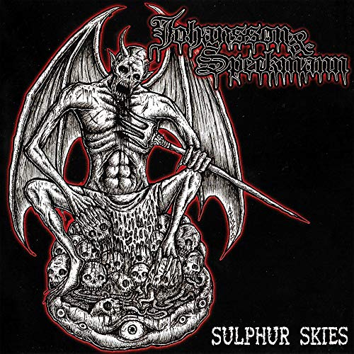 Black and white illustration of a winged demon on a skull pile.