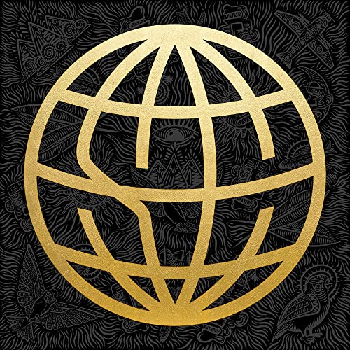 Gold globe illustration on a detailed black patterned background.