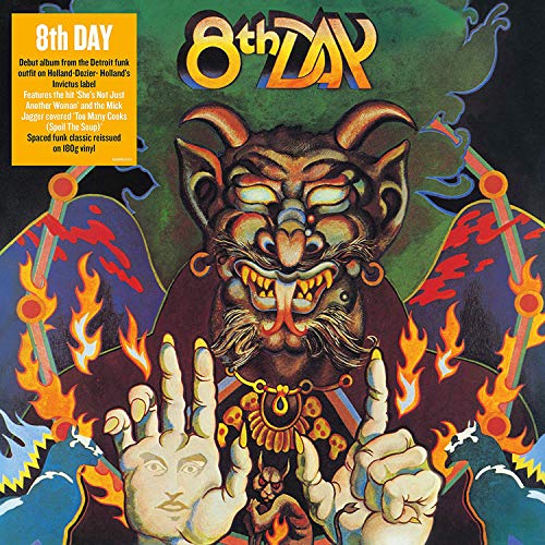 1970s album cover for 8th Day featuring a grotesque, colorful monster illustration.
