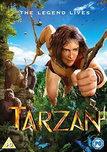 Tarzan DVD cover featuring a man swinging from a vine with gorillas.