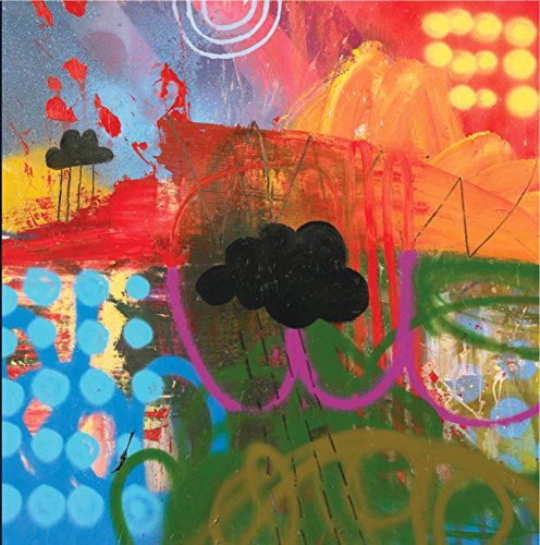Abstract painting with dark clouds, orange hills, and colorful splashes.