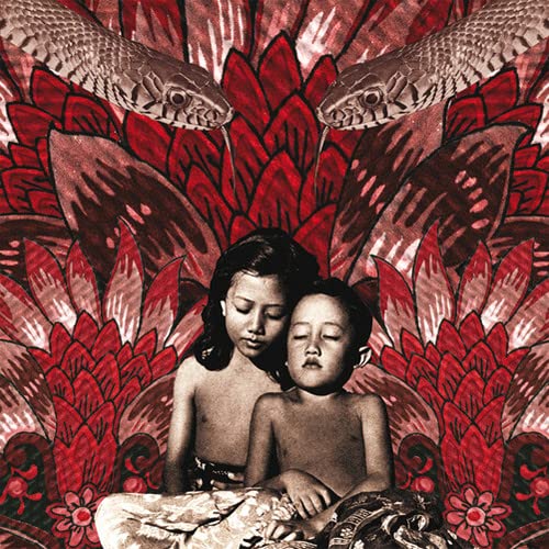 CD cover with a girl, boy, snakes, and red floral background.