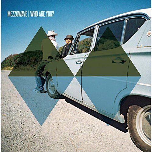 CD cover: men near a light blue car with geometric shapes.