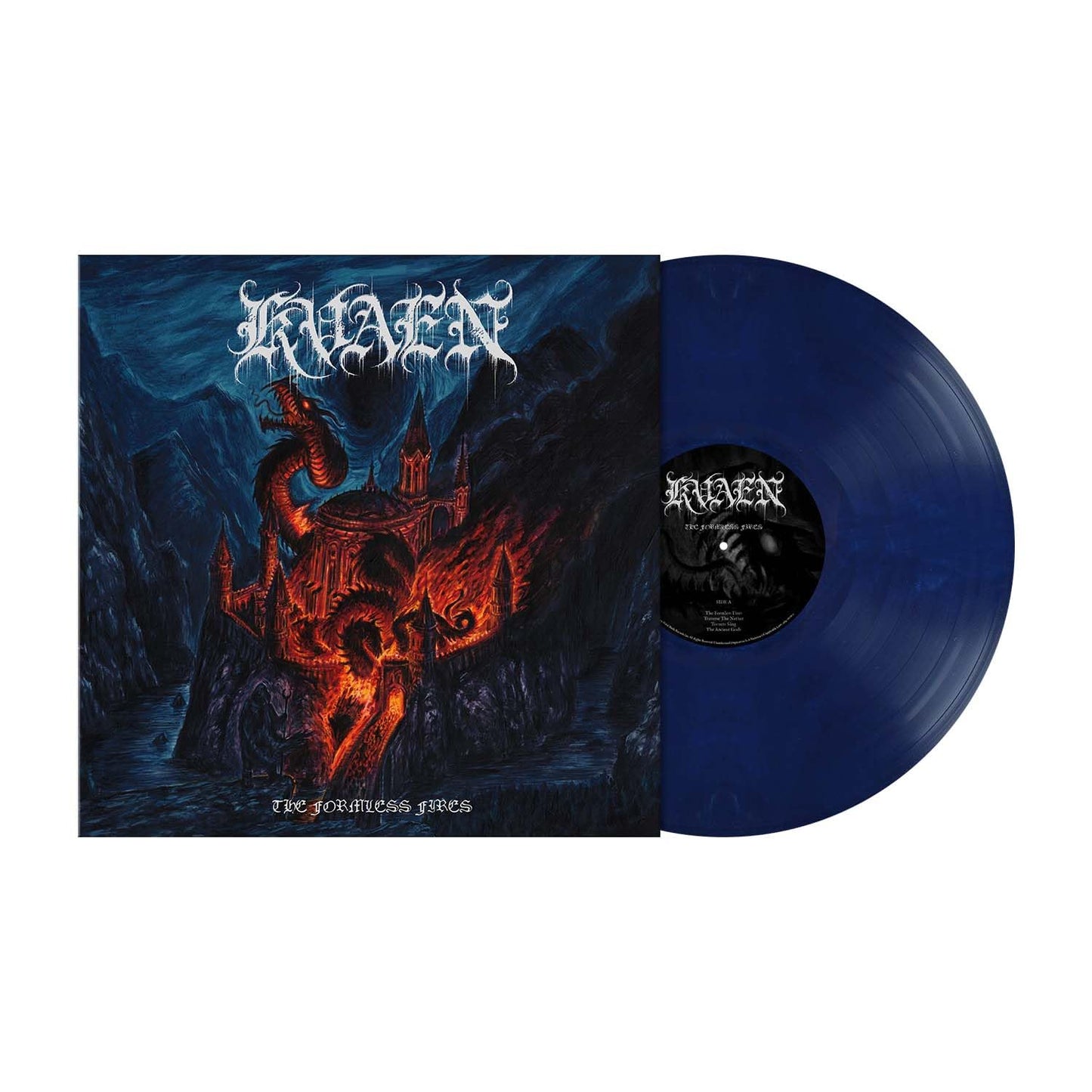 Blue vinyl record with dark fantasy artwork of a castle and dragon.