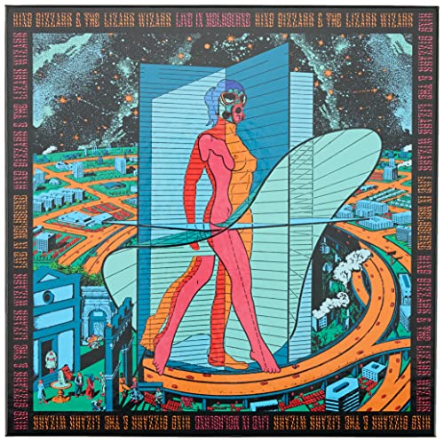 King Gizzard album cover: pink figure with surfboard over a city.