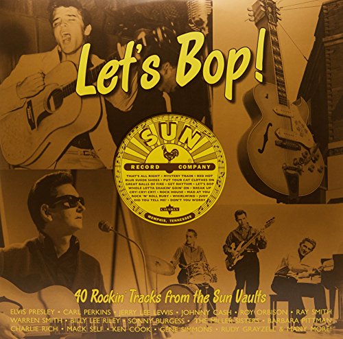 Sun Records "Let's Bop!" vinyl album cover featuring musicians and record label logo.