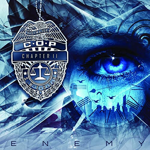 CD cover: police badge, eye, clock face, and fractured blue background.