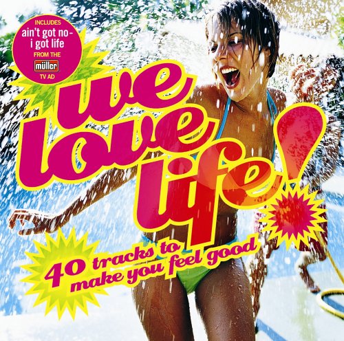 CD cover: woman laughing in water with bright pink “We Love Life” text.