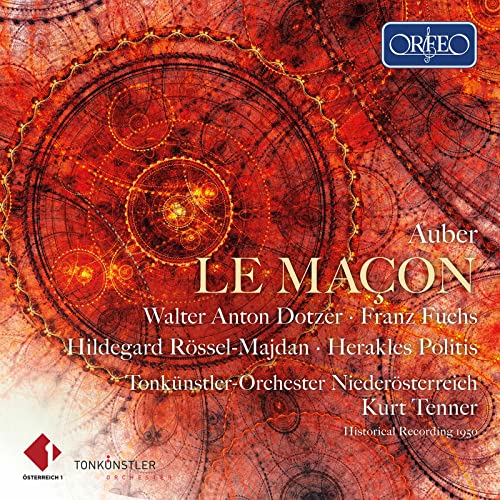 CD cover for Auber’s “Le Macon” with abstract red and gold design.