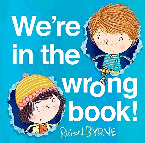 Book cover with two children peeking through torn page edges.