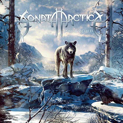 Sonata Arctica album cover: wolf in snowy forest, with raven.