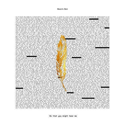 Bear's Den album cover: gold feather on a white background of text.