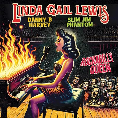 CD cover for Linda Gail Lewis' "Rockabilly Queen" featuring a singer and piano.