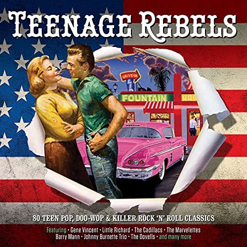 CD cover: 1950s couple, classic car, American flag, and diner scene.