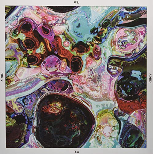 Colorful, abstract marbled paint texture with "ADHD" text on the sides.