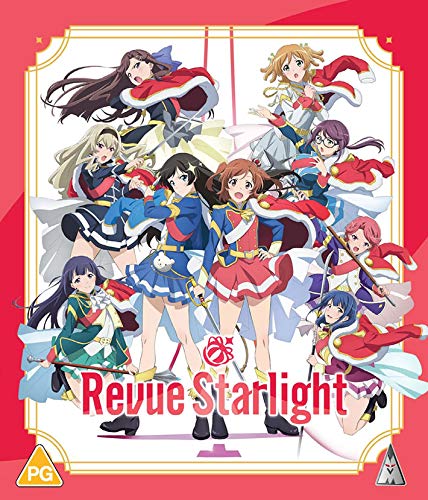 Anime characters in stage uniforms on a Revue Starlight Blu-ray cover with red background.