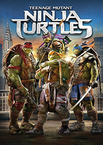 Four Teenage Mutant Ninja Turtles with weapons stand before a city skyline.