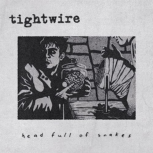 Black and white CD cover with a man, jarred brain, and snakes.