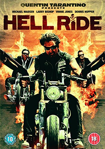 “Hell Ride” DVD cover featuring three motorcyclists with firearms, fiery background.