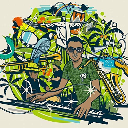 Colorful illustration of musicians, instruments, and tropical elements on vinyl album art.