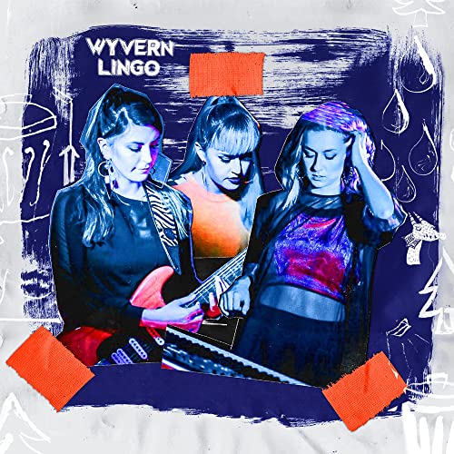 Wyvern Lingo album cover featuring three women with a guitar, blue tones.