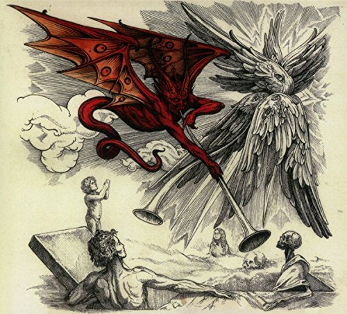 Black and white illustration of a dragon, angel, and apocalyptic scene.