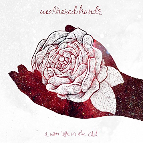 Hands holding a detailed, red-toned rose against a starry, dark background.