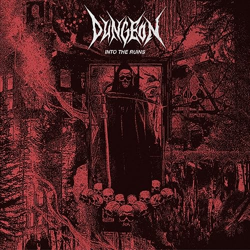 Dark album cover featuring a hooded figure and skulls before ruins.