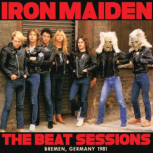 Iron Maiden band photo from 1981 with Eddie the Head mascot.