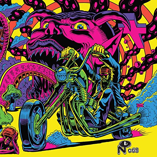 Psychedelic album cover: biker riding motorcycle with a large, horned demon.