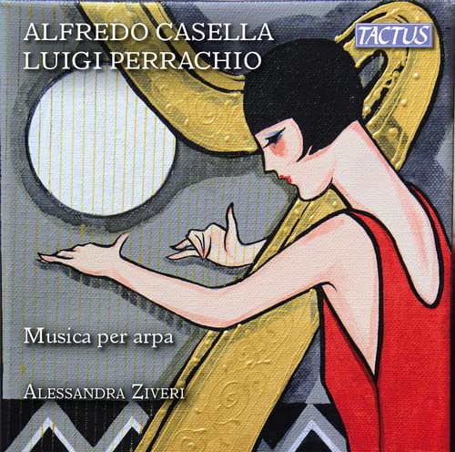 CD cover: Art Deco woman with harp, text “Musica per arpa”.