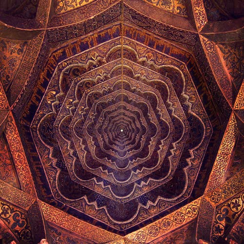 Intricate, layered geometric design in shades of purple and gold.