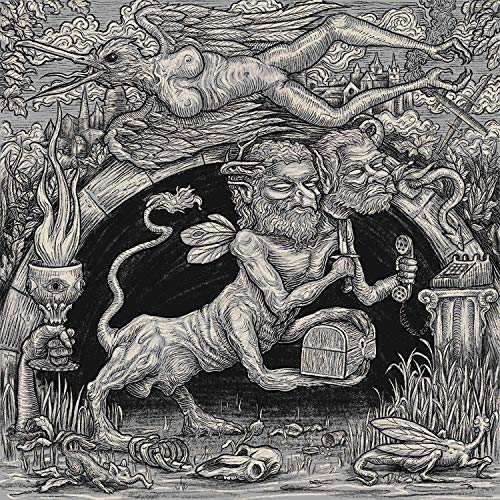 Black and white illustration of fantastical creatures with a CD title.