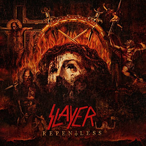 Slayer “Repentless” CD cover: fiery, demonic imagery with a central face.