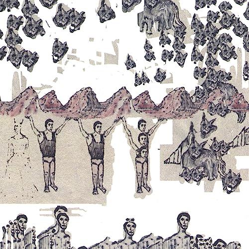 Abstract collage with figures, mountains, and animal shapes in blue and red.