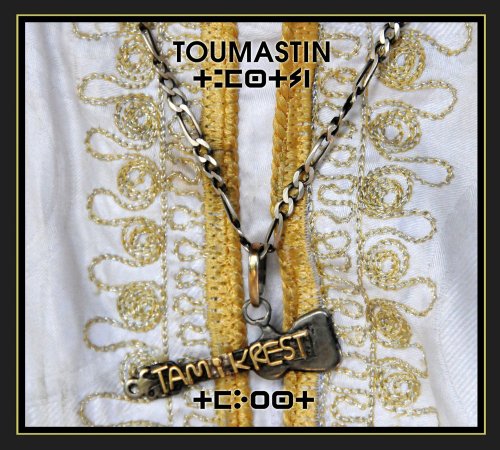 CD cover for Tamikrestās āToumastinā featuring a gold-embroidered garment and pendant.