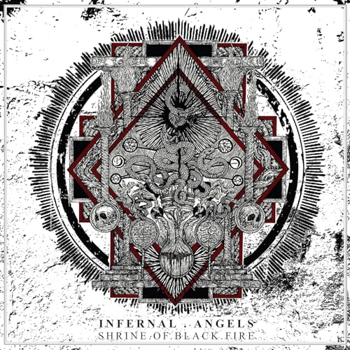 Black and white ornate design with a central bird and text below.