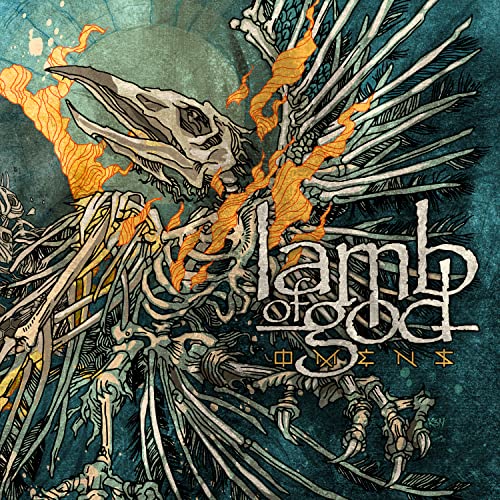 Lamb of God “Omens” album cover: skeletal bird with fiery wings.