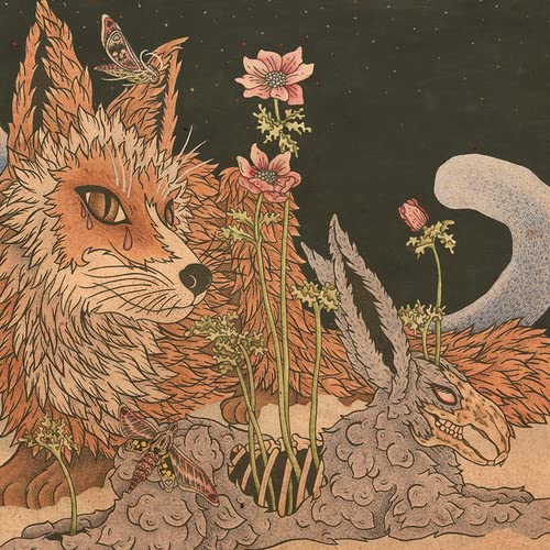 Illustration of a fox, hare skull, flowers, and moths on a dark background.