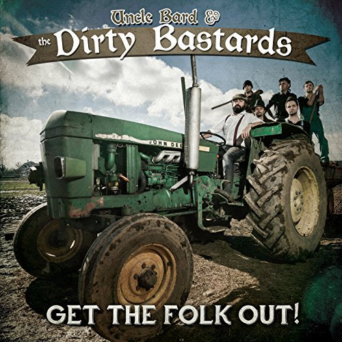Band posing with a vintage green tractor under a cloudy sky.