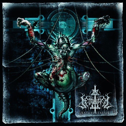 Dark, surreal illustration of a distorted figure bound by chains and machinery.