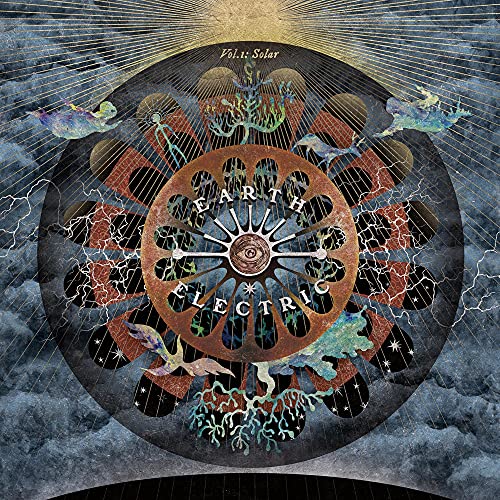 Vinyl record cover with sun, lightning, and floral imagery in a circular design.