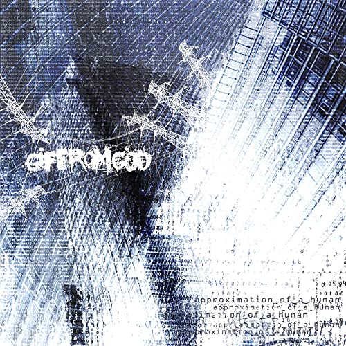 Abstract blue and white CD cover with fragmented text and a human silhouette.