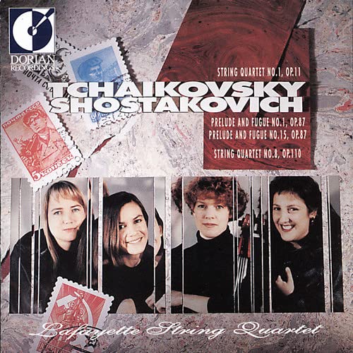 CD cover featuring the Lafayette String Quartet and Soviet-era postage stamps.
