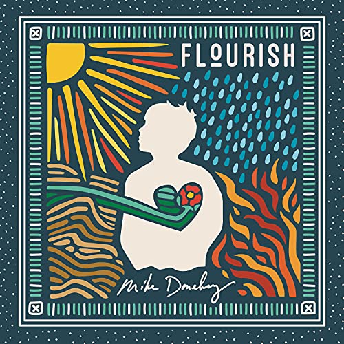 CD cover: stylized sun, rain, figure with flower, and text "Flourish".